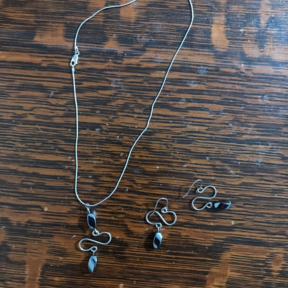 Sterling Silver and Malachite bead necklace and earring set